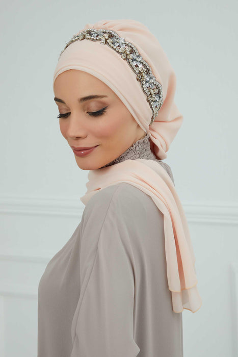 Instant Turban Chiffon Scarf Head Turbans with Unique Accessory For Women Headwear Stylish Elegant Design,HT-101 Beige-Silver