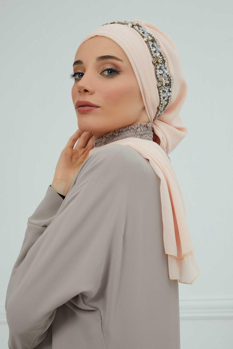 Instant Turban Chiffon Scarf Head Turbans with Unique Accessory For Women Headwear Stylish Elegant Design,HT-101 Beige-Silver