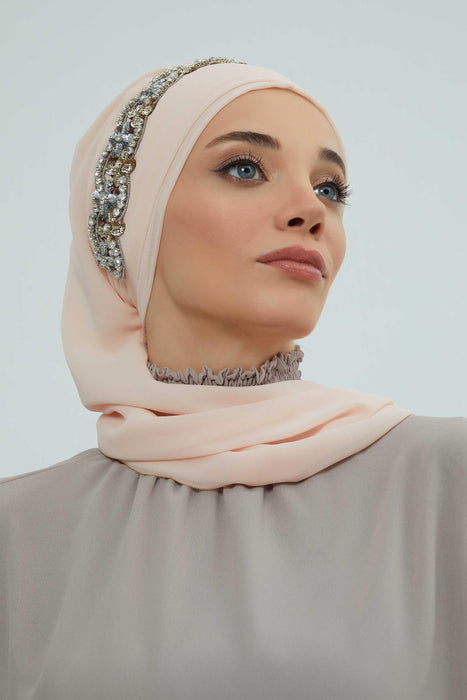 Instant Turban Chiffon Scarf Head Turbans with Unique Accessory For Women Headwear Stylish Elegant Design,HT-101 Beige-Silver