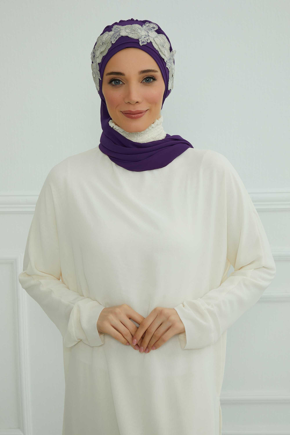 Instant Turban Chiffon Scarf Head Turbans with Unique Flower Accessory For Women Headwear Stylish Elegant Design,HT-103 Purple-Silver