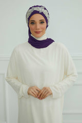 Instant Turban Chiffon Scarf Head Turbans with Unique Flower Accessory For Women Headwear Stylish Elegant Design,HT-103 Purple-Silver