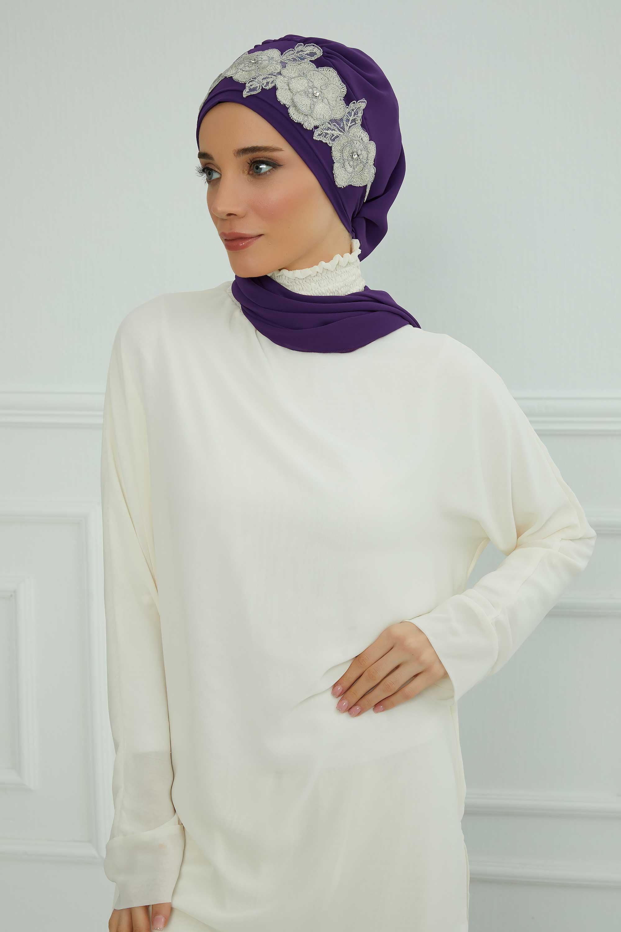 Instant Turban Chiffon Scarf Head Turbans with Unique Flower Accessory For Women Headwear Stylish Elegant Design,HT-103