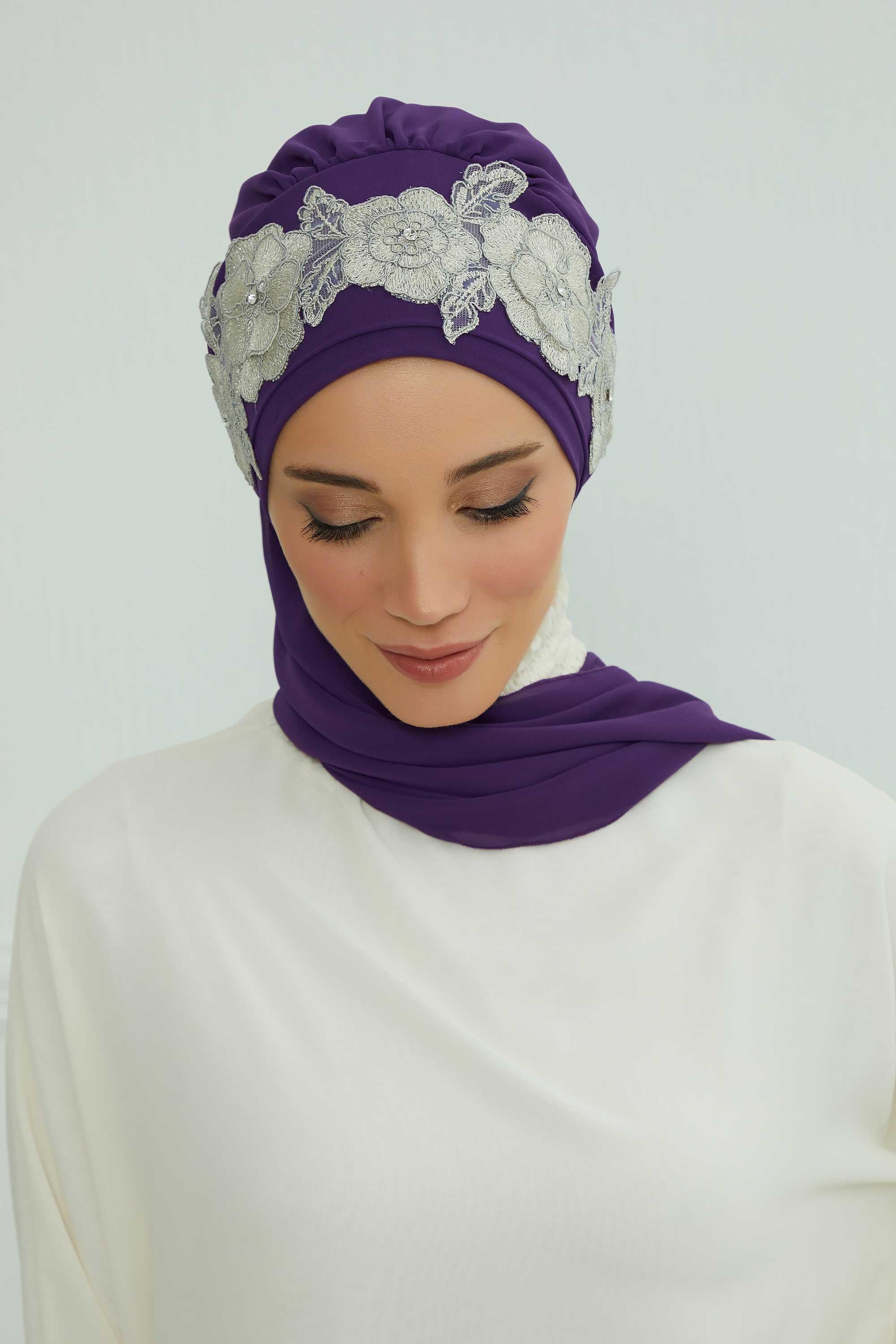 Instant Turban Chiffon Scarf Head Turbans with Unique Flower Accessory For Women Headwear Stylish Elegant Design,HT-103