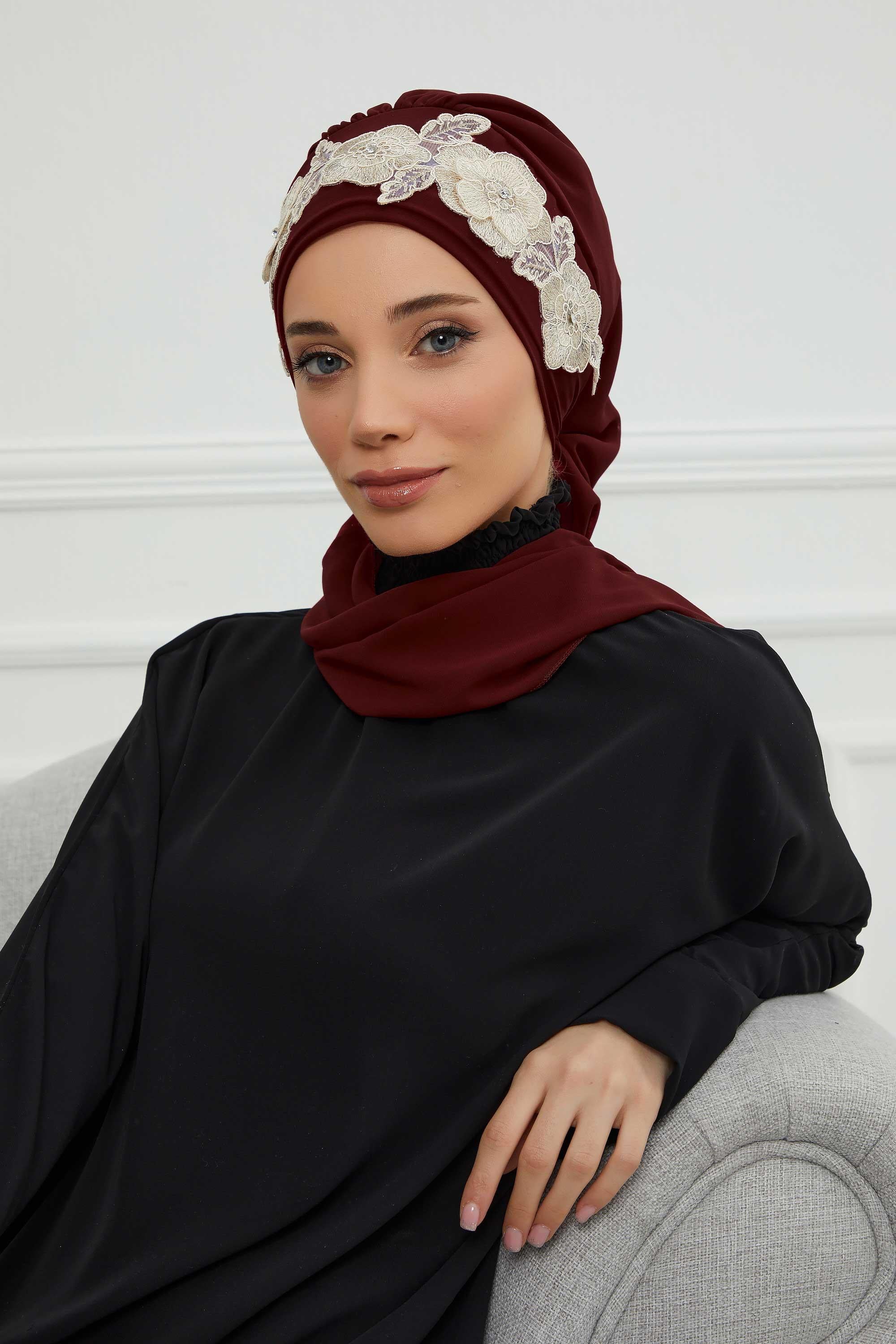 Instant Turban Chiffon Scarf Head Turbans with Unique Flower Accessory For Women Headwear Stylish Elegant Design,HT-103 Maroon - Gold