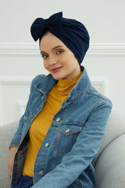 Plain Cotton Instant Turban with a Removable Big Bowtie, Chic Bonnnet Scarf Head Wrap for Women, Comfortable and Stylish Chemo Headwear,B-27 Navy Blue