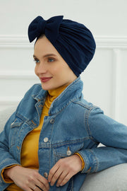 Plain Cotton Instant Turban with a Removable Big Bowtie, Chic Bonnnet Scarf Head Wrap for Women, Comfortable and Stylish Chemo Headwear,B-27 Navy Blue