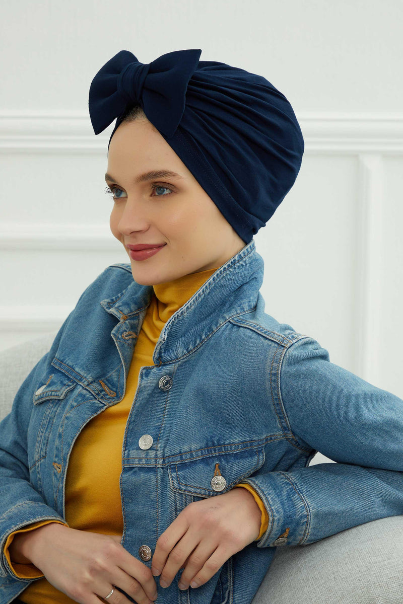 Plain Cotton Instant Turban with a Removable Big Bowtie, Chic Bonnnet Scarf Head Wrap for Women, Comfortable and Stylish Chemo Headwear,B-27 Navy Blue