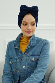 Plain Cotton Instant Turban with a Removable Big Bowtie, Chic Bonnnet Scarf Head Wrap for Women, Comfortable and Stylish Chemo Headwear,B-27 Navy Blue