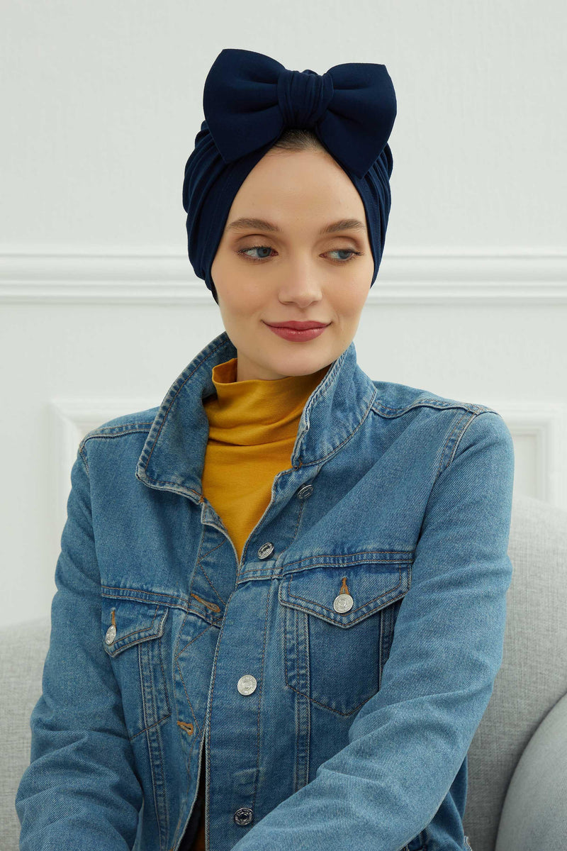 Plain Cotton Instant Turban with a Removable Big Bowtie, Chic Bonnnet Scarf Head Wrap for Women, Comfortable and Stylish Chemo Headwear,B-27 Navy Blue