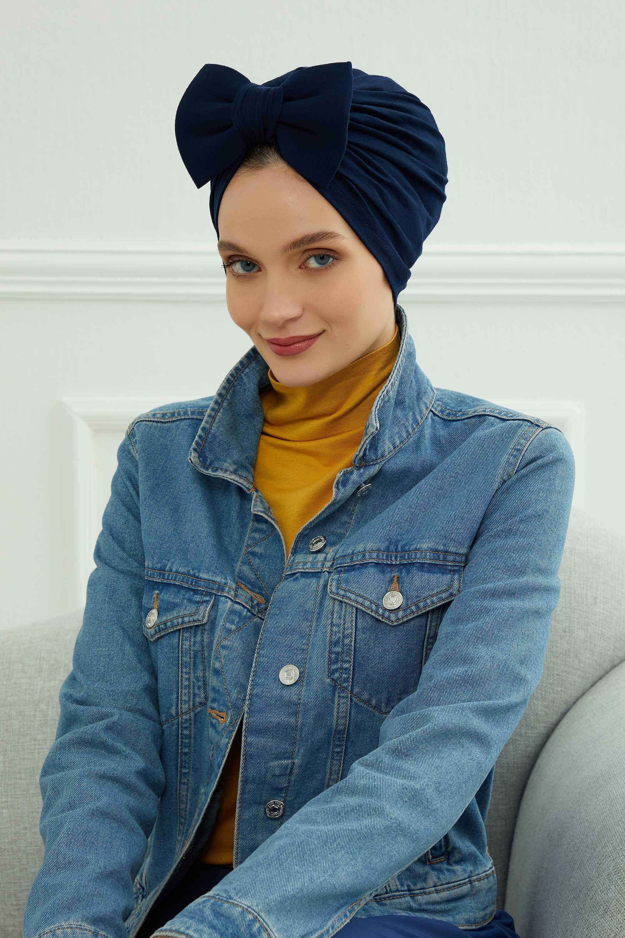 Plain Cotton Instant Turban with a Removable Big Bowtie, Chic Bonnet Scarf Head Wrap for Women, Comfortable and Stylish Chemo Headwear,B-27 Navy Blue