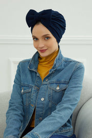 Plain Cotton Instant Turban with a Removable Big Bowtie, Chic Bonnnet Scarf Head Wrap for Women, Comfortable and Stylish Chemo Headwear,B-27 Navy Blue