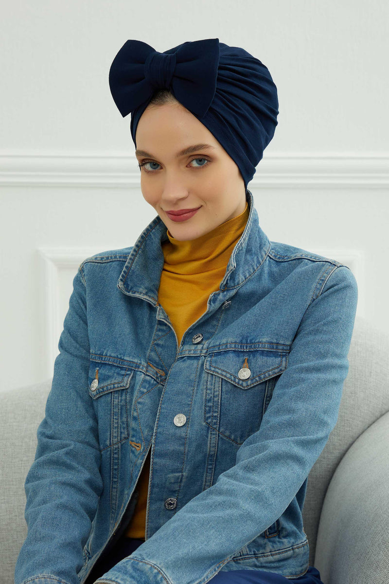 Plain Cotton Instant Turban with a Removable Big Bowtie, Chic Bonnnet Scarf Head Wrap for Women, Comfortable and Stylish Chemo Headwear,B-27 Navy Blue