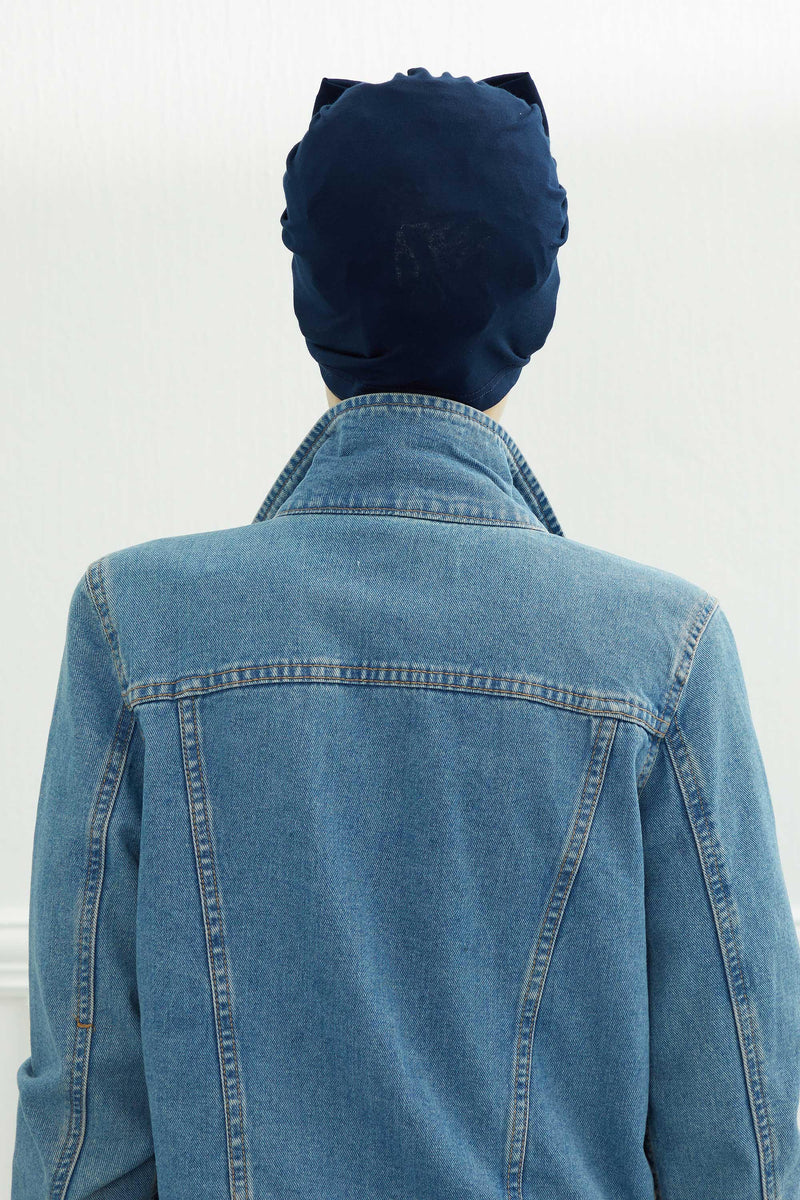 Plain Cotton Instant Turban with a Removable Big Bowtie, Chic Bonnnet Scarf Head Wrap for Women, Comfortable and Stylish Chemo Headwear,B-27 Navy Blue