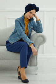 Plain Cotton Instant Turban with a Removable Big Bowtie, Chic Bonnnet Scarf Head Wrap for Women, Comfortable and Stylish Chemo Headwear,B-27 Navy Blue