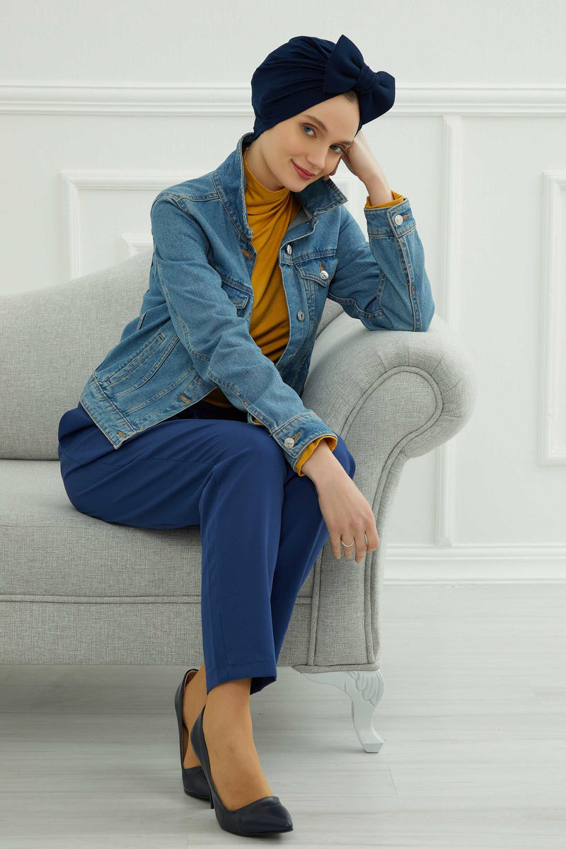 Plain Cotton Instant Turban with a Removable Big Bowtie, Chic Bonnnet Scarf Head Wrap for Women, Comfortable and Stylish Chemo Headwear,B-27 Navy Blue