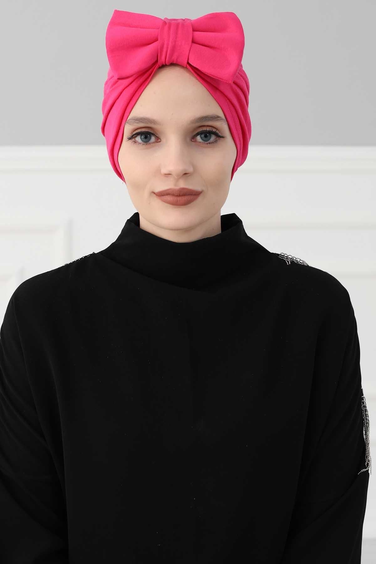 Plain Cotton Instant Turban with a Removable Big Bowtie, Chic Bonnet Scarf Head Wrap for Women, Comfortable and Stylish Chemo Headwear,B-27 Fuchsia
