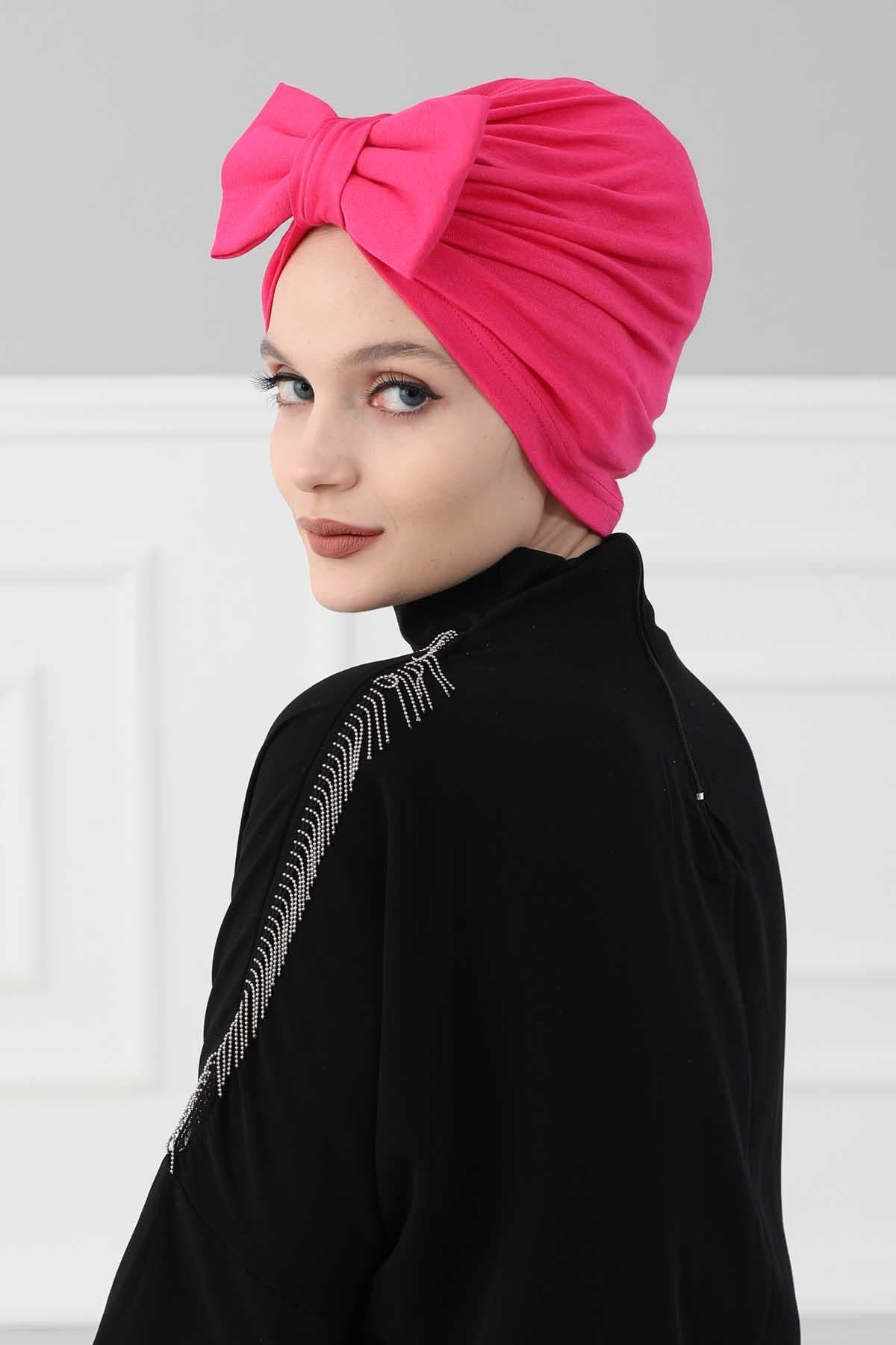 Plain Cotton Instant Turban with a Removable Big Bowtie, Chic Bonnet Scarf Head Wrap for Women, Comfortable and Stylish Chemo Headwear,B-27 Fuchsia