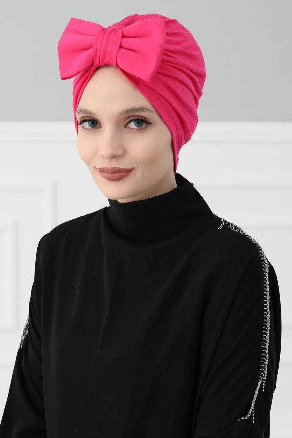 Plain Cotton Instant Turban with a Removable Big Bowtie, Chic Bonnet Scarf Head Wrap for Women, Comfortable and Stylish Chemo Headwear,B-27 Fuchsia