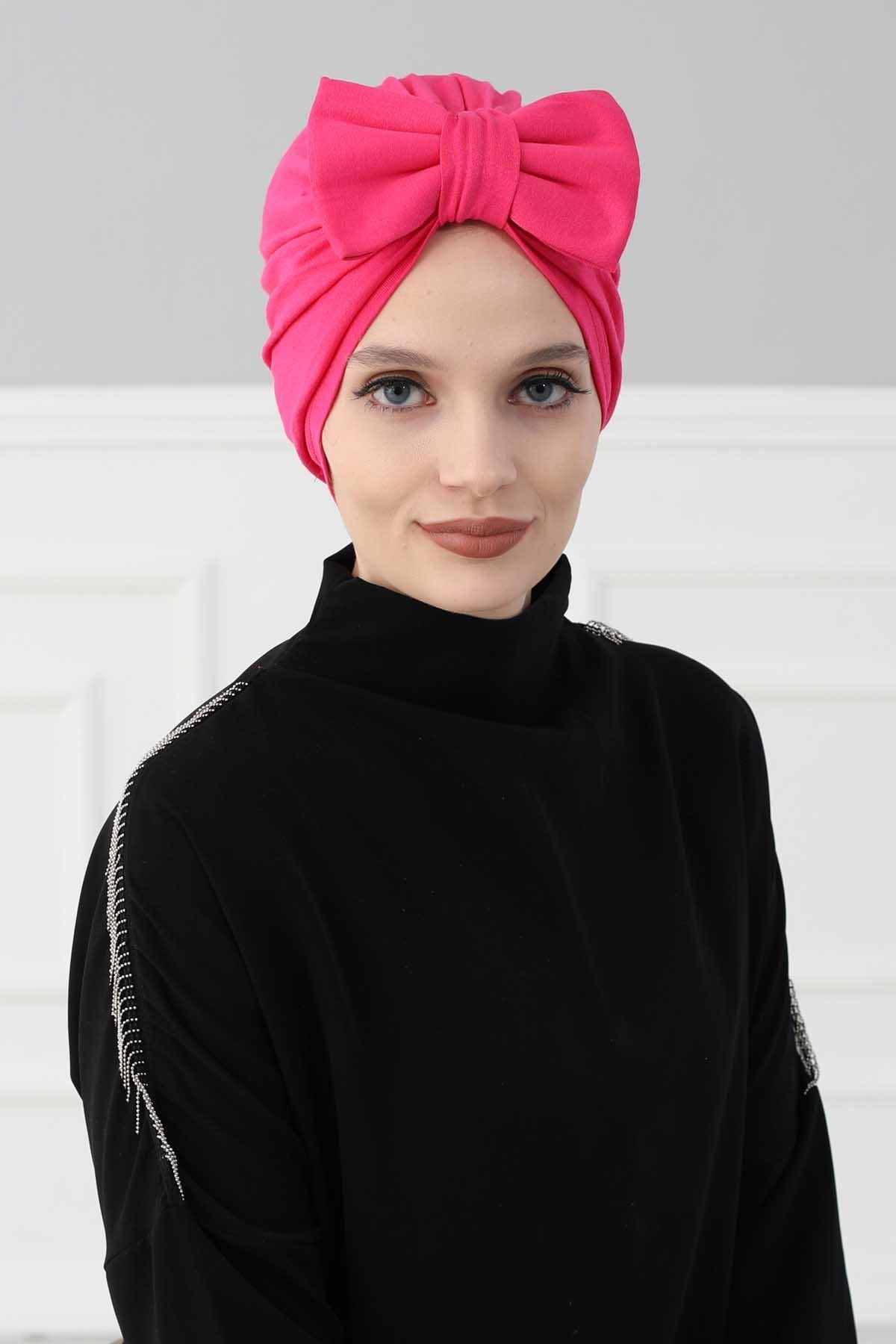 Plain Cotton Instant Turban with a Removable Big Bowtie, Chic Bonnet Scarf Head Wrap for Women, Comfortable and Stylish Chemo Headwear,B-27 Fuchsia