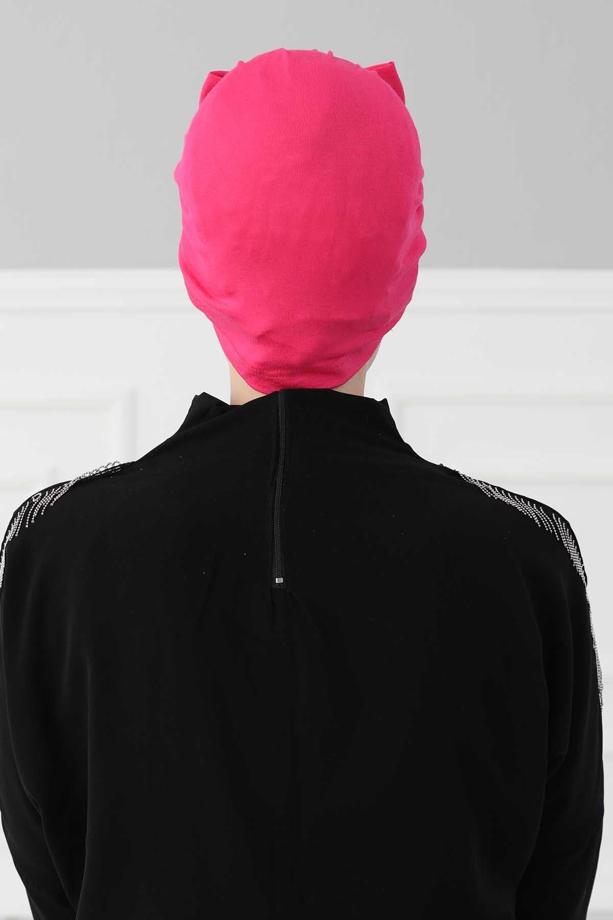 Plain Cotton Instant Turban with a Removable Big Bowtie, Chic Bonnet Scarf Head Wrap for Women, Comfortable and Stylish Chemo Headwear,B-27 Fuchsia