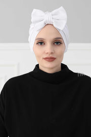 Plain Cotton Instant Turban with a Removable Big Bowtie, Chic Bonnnet Scarf Head Wrap for Women, Comfortable and Stylish Chemo Headwear,B-27 White