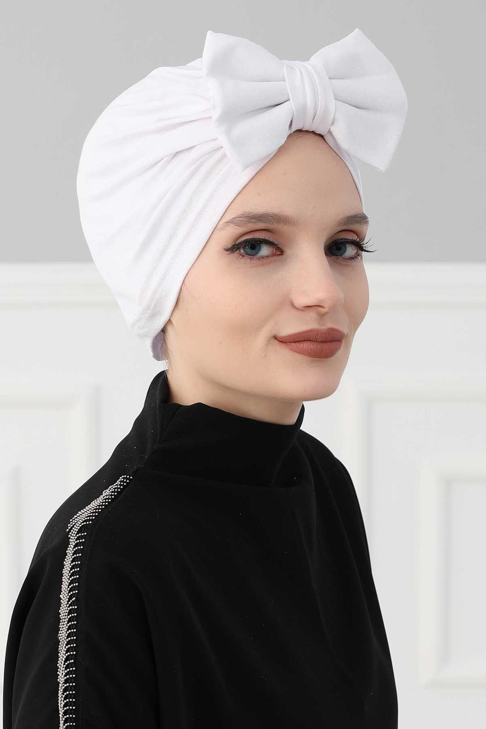 Plain Cotton Instant Turban with a Removable Big Bowtie, Chic Bonnet Scarf Head Wrap for Women, Comfortable and Stylish Chemo Headwear,B-27 White