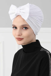 Plain Cotton Instant Turban with a Removable Big Bowtie, Chic Bonnnet Scarf Head Wrap for Women, Comfortable and Stylish Chemo Headwear,B-27 White