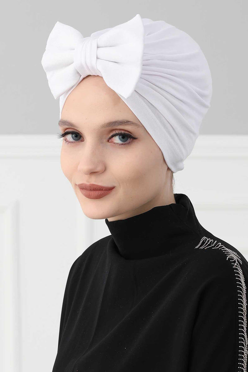 Plain Cotton Instant Turban with a Removable Big Bowtie, Chic Bonnnet Scarf Head Wrap for Women, Comfortable and Stylish Chemo Headwear,B-27 White