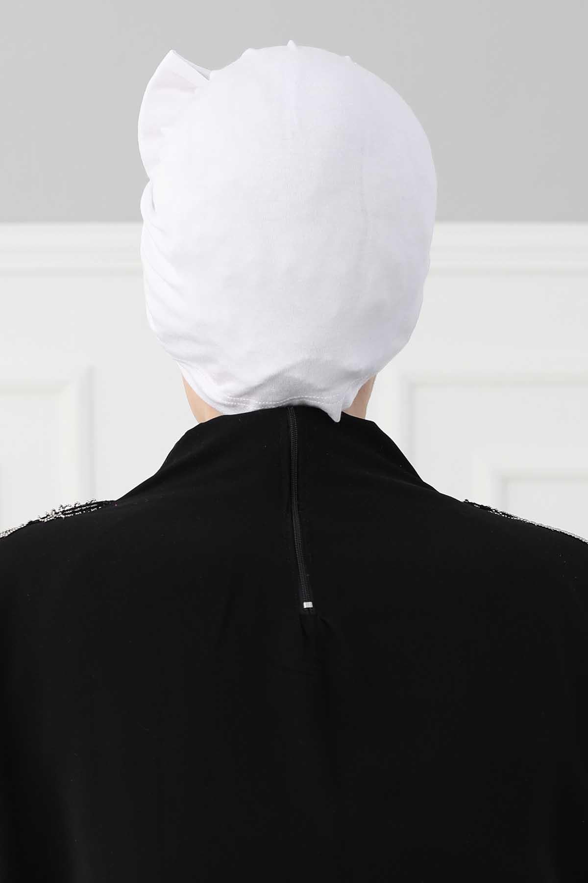 Plain Cotton Instant Turban with a Removable Big Bowtie, Chic Bonnet Scarf Head Wrap for Women, Comfortable and Stylish Chemo Headwear,B-27 White