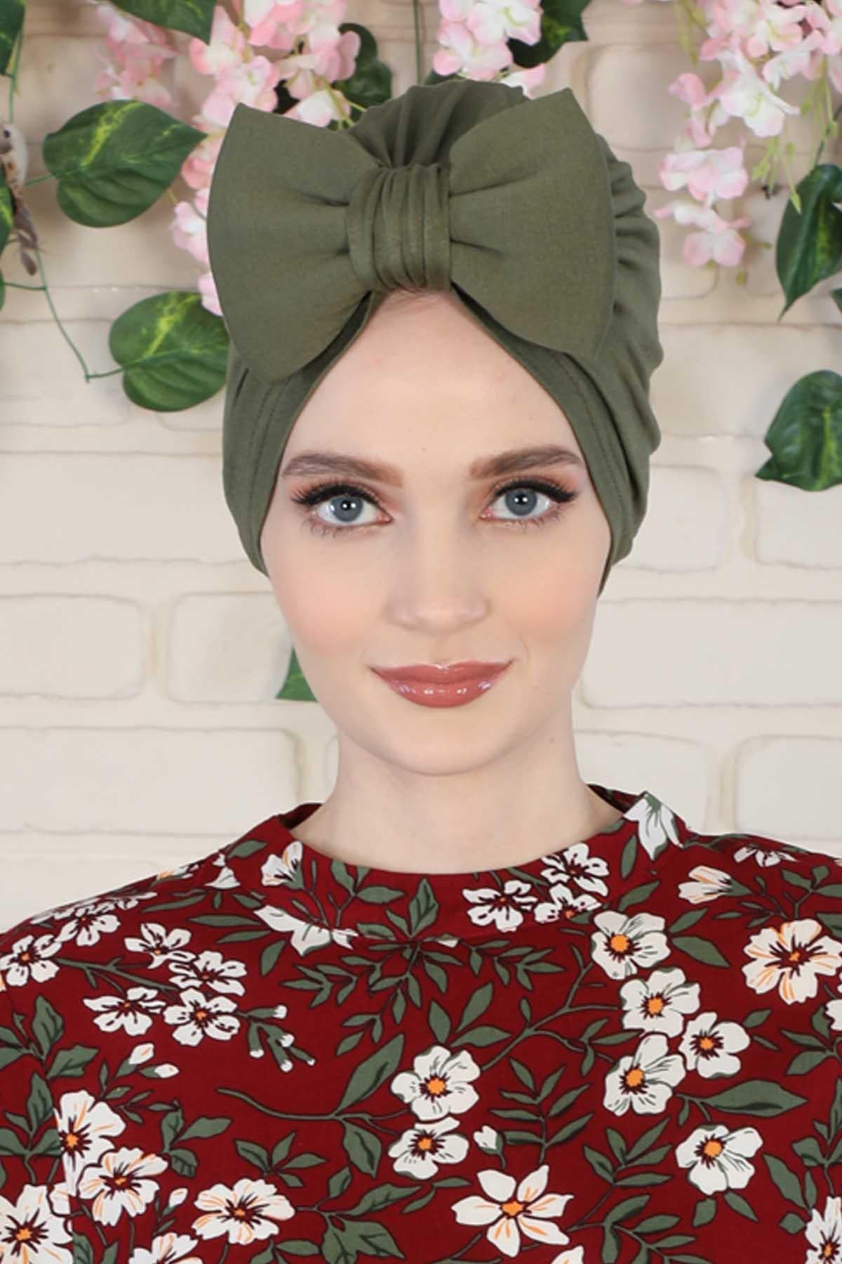 Plain Cotton Instant Turban with a Removable Big Bowtie, Chic Bonnet Scarf Head Wrap for Women, Comfortable and Stylish Chemo Headwear,B-27 Army Green
