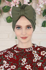 Plain Cotton Instant Turban with a Removable Big Bowtie, Chic Bonnnet Scarf Head Wrap for Women, Comfortable and Stylish Chemo Headwear,B-27 Army Green