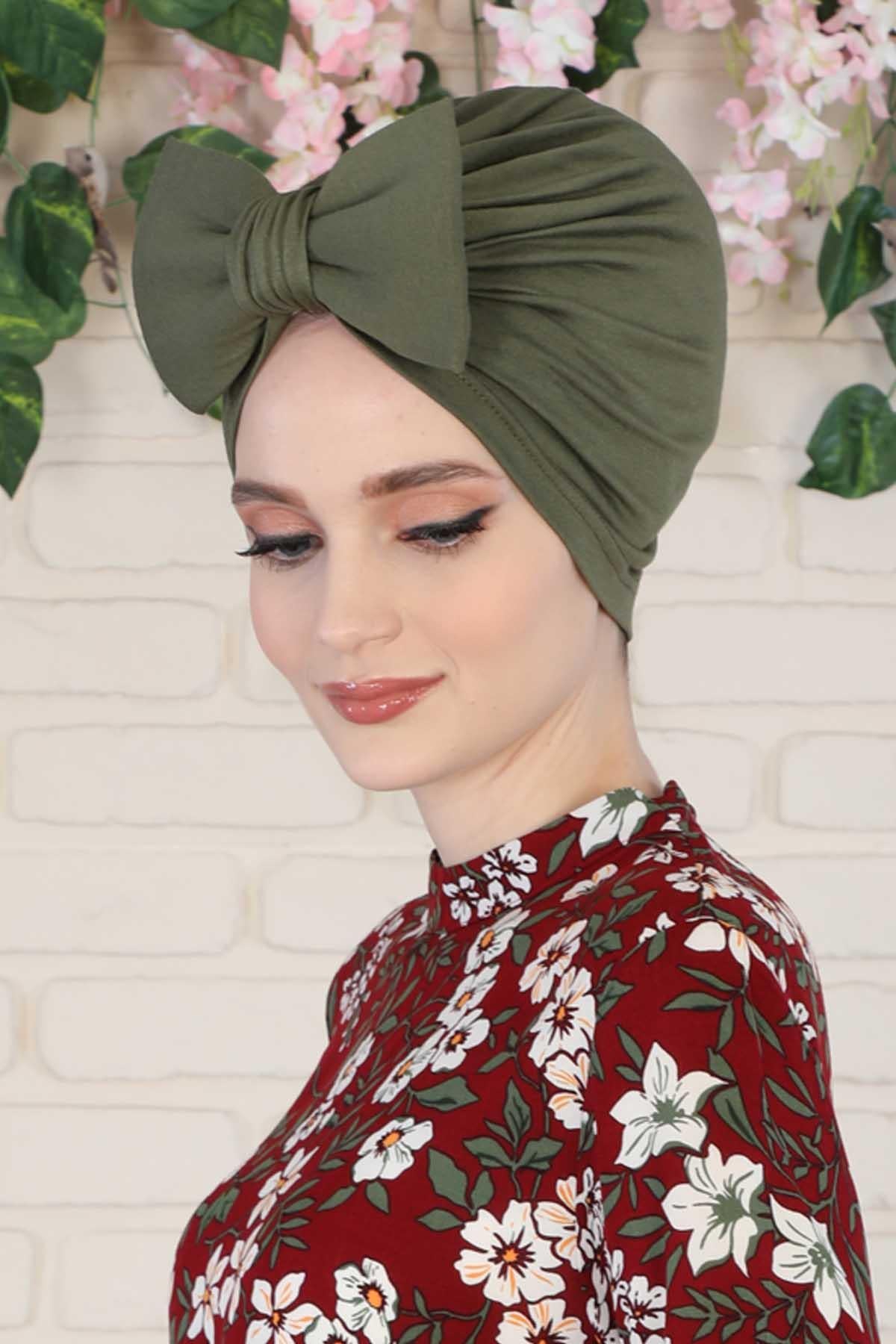 Plain Cotton Instant Turban with a Removable Big Bowtie, Chic Bonnet Scarf Head Wrap for Women, Comfortable and Stylish Chemo Headwear,B-27 Army Green