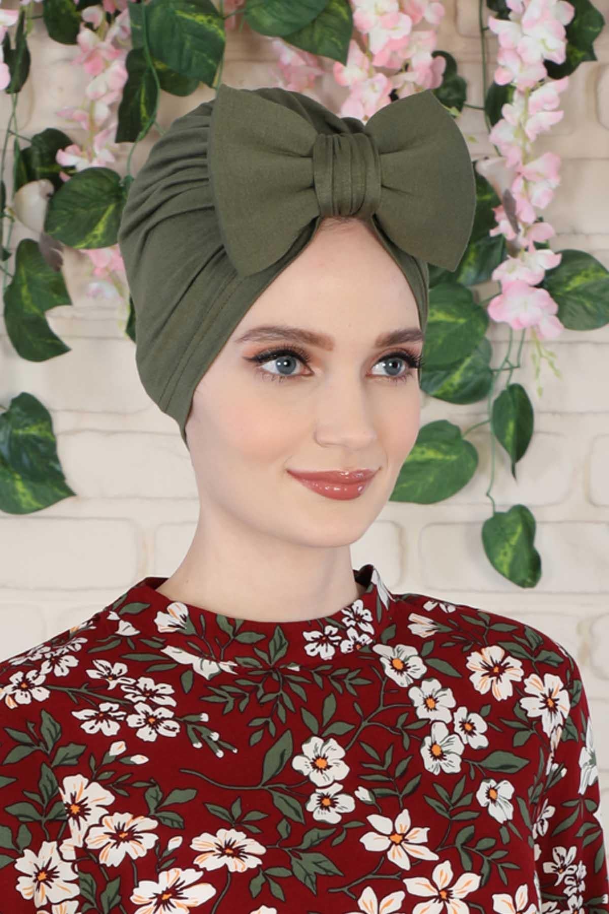 Plain Cotton Instant Turban with a Removable Big Bowtie, Chic Bonnet Scarf Head Wrap for Women, Comfortable and Stylish Chemo Headwear,B-27 Army Green