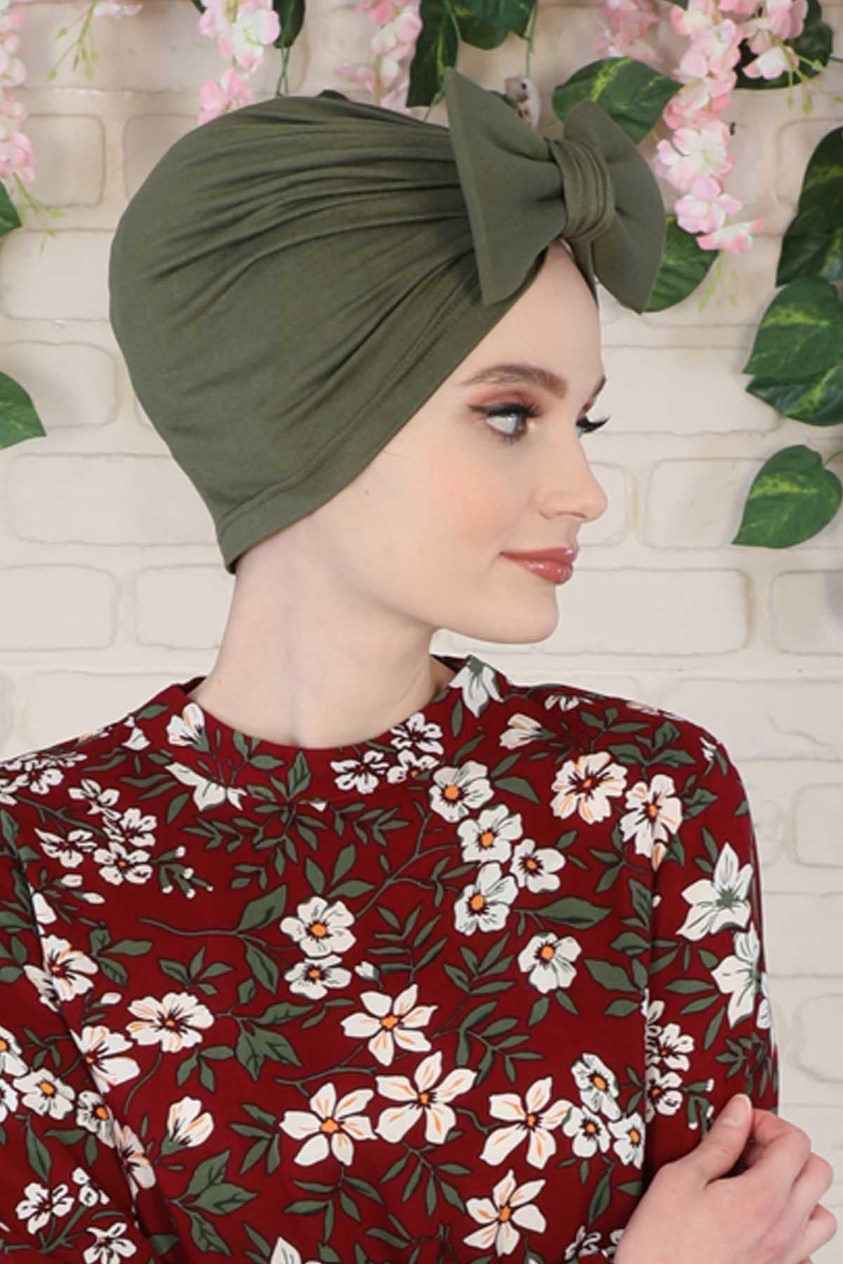 Plain Cotton Instant Turban with a Removable Big Bowtie, Chic Bonnet Scarf Head Wrap for Women, Comfortable and Stylish Chemo Headwear,B-27 Army Green