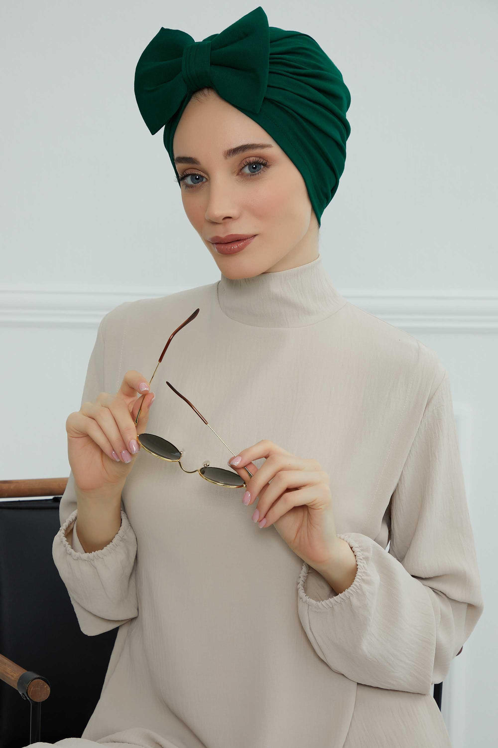Plain Cotton Instant Turban with a Removable Big Bowtie, Chic Bonnet Scarf Head Wrap for Women, Comfortable and Stylish Chemo Headwear,B-27 Green