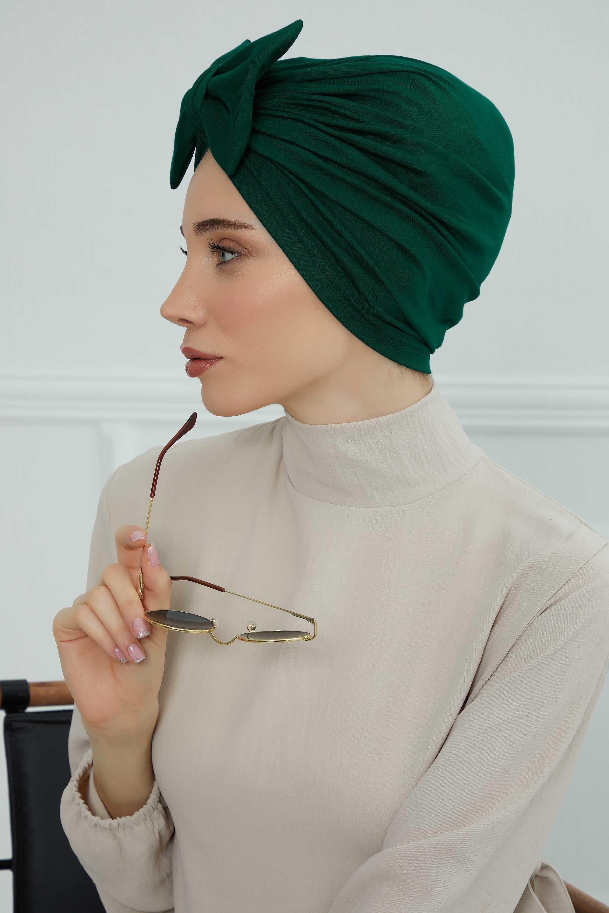 Plain Cotton Instant Turban with a Removable Big Bowtie, Chic Bonnet Scarf Head Wrap for Women, Comfortable and Stylish Chemo Headwear,B-27 Green