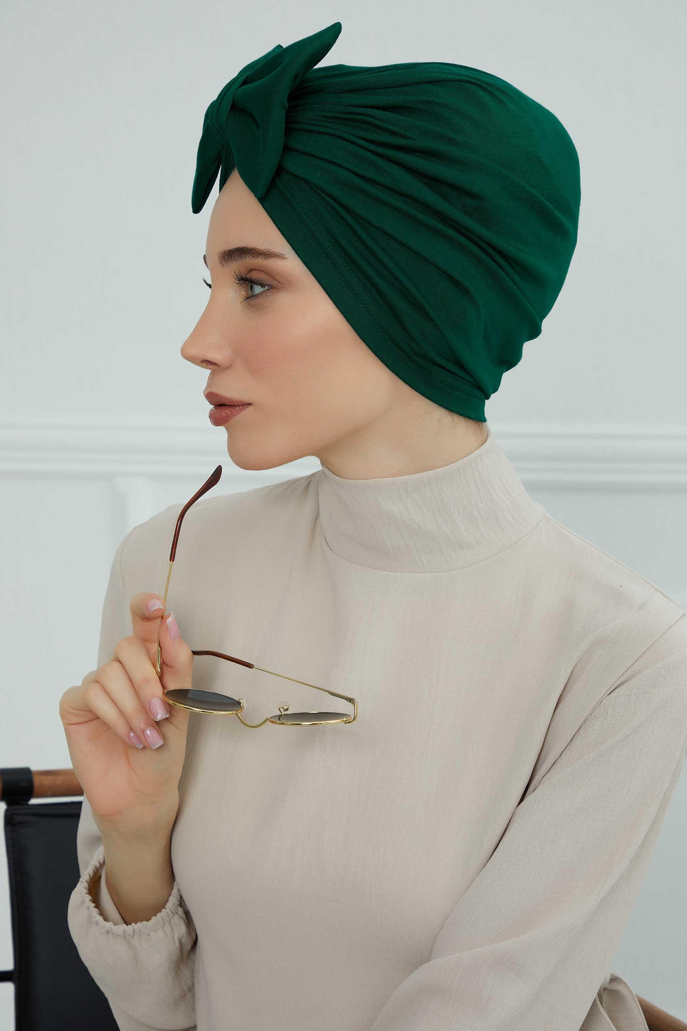 Plain Cotton Instant Turban with a Removable Big Bowtie, Chic Bonnet Scarf Head Wrap for Women, Comfortable and Stylish Chemo Headwear,B-27 Green