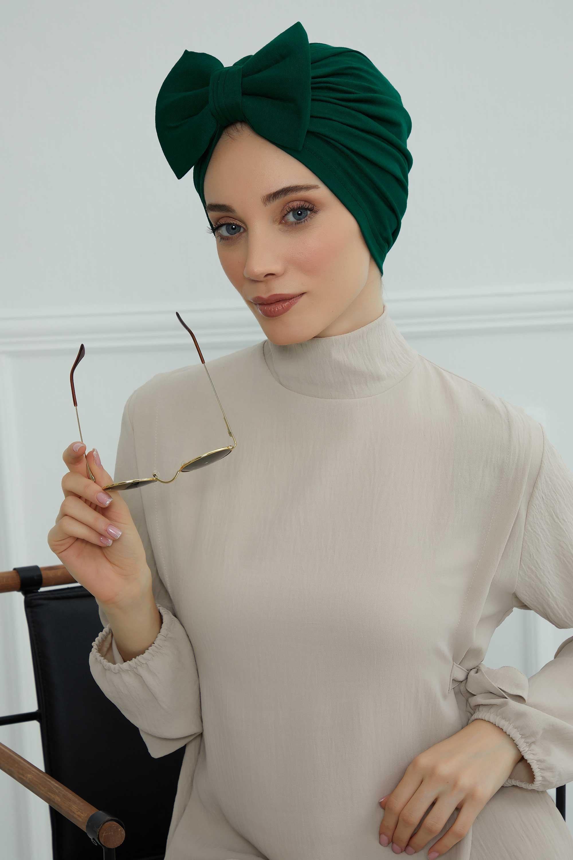 Plain Cotton Instant Turban with a Removable Big Bowtie, Chic Bonnet Scarf Head Wrap for Women, Comfortable and Stylish Chemo Headwear,B-27 Green