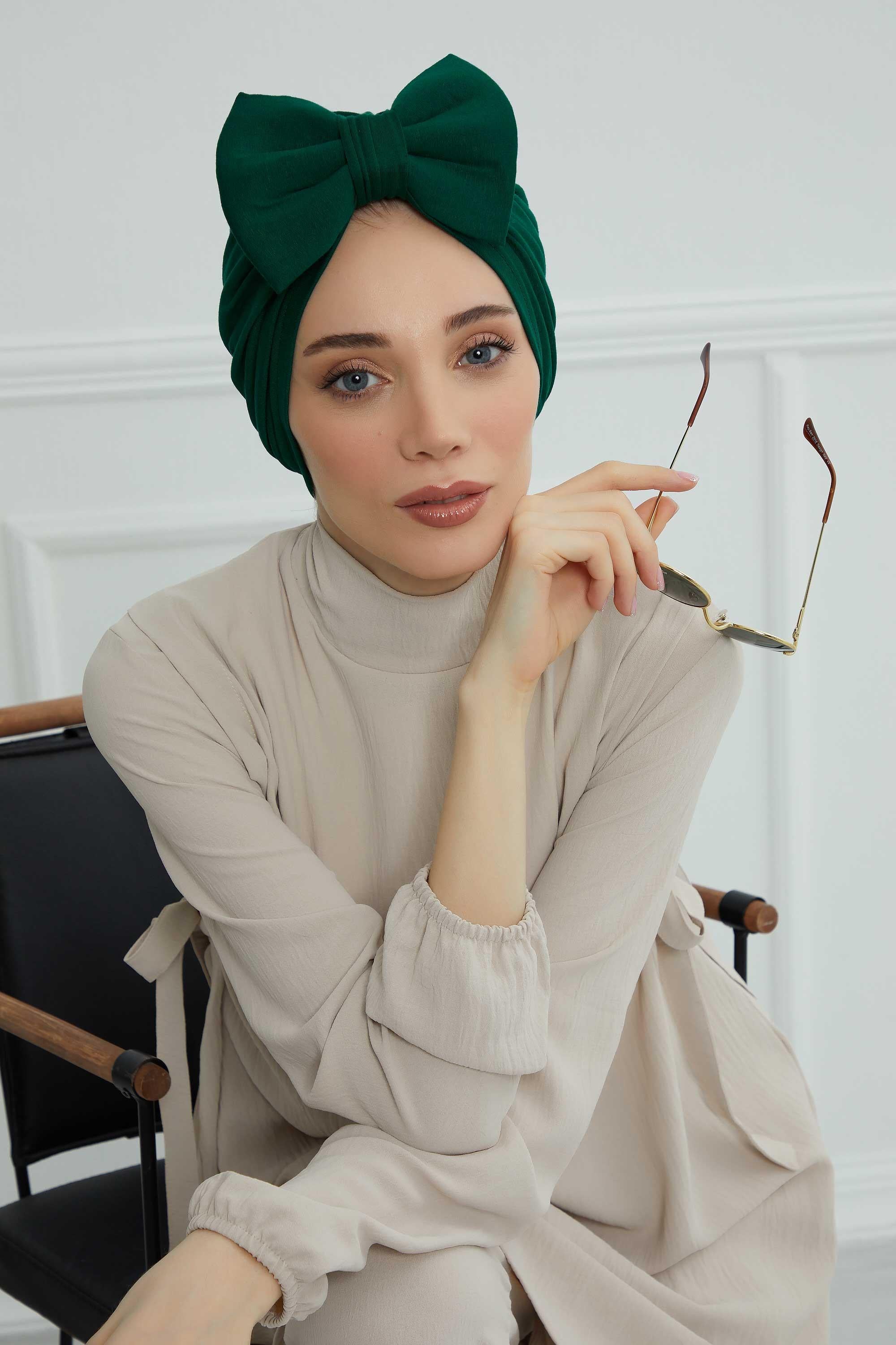 Plain Cotton Instant Turban with a Removable Big Bowtie, Chic Bonnet Scarf Head Wrap for Women, Comfortable and Stylish Chemo Headwear,B-27 Green