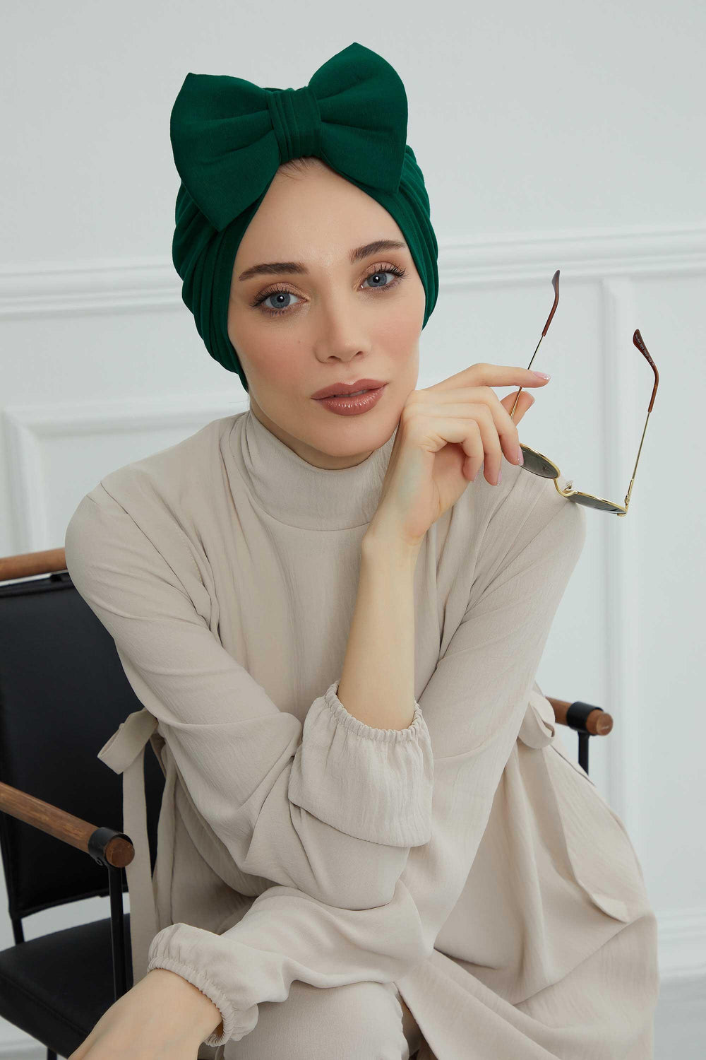 Plain Cotton Instant Turban with a Removable Big Bowtie, Chic Bonnet Scarf Head Wrap for Women, Comfortable and Stylish Chemo Headwear,B-27 Green