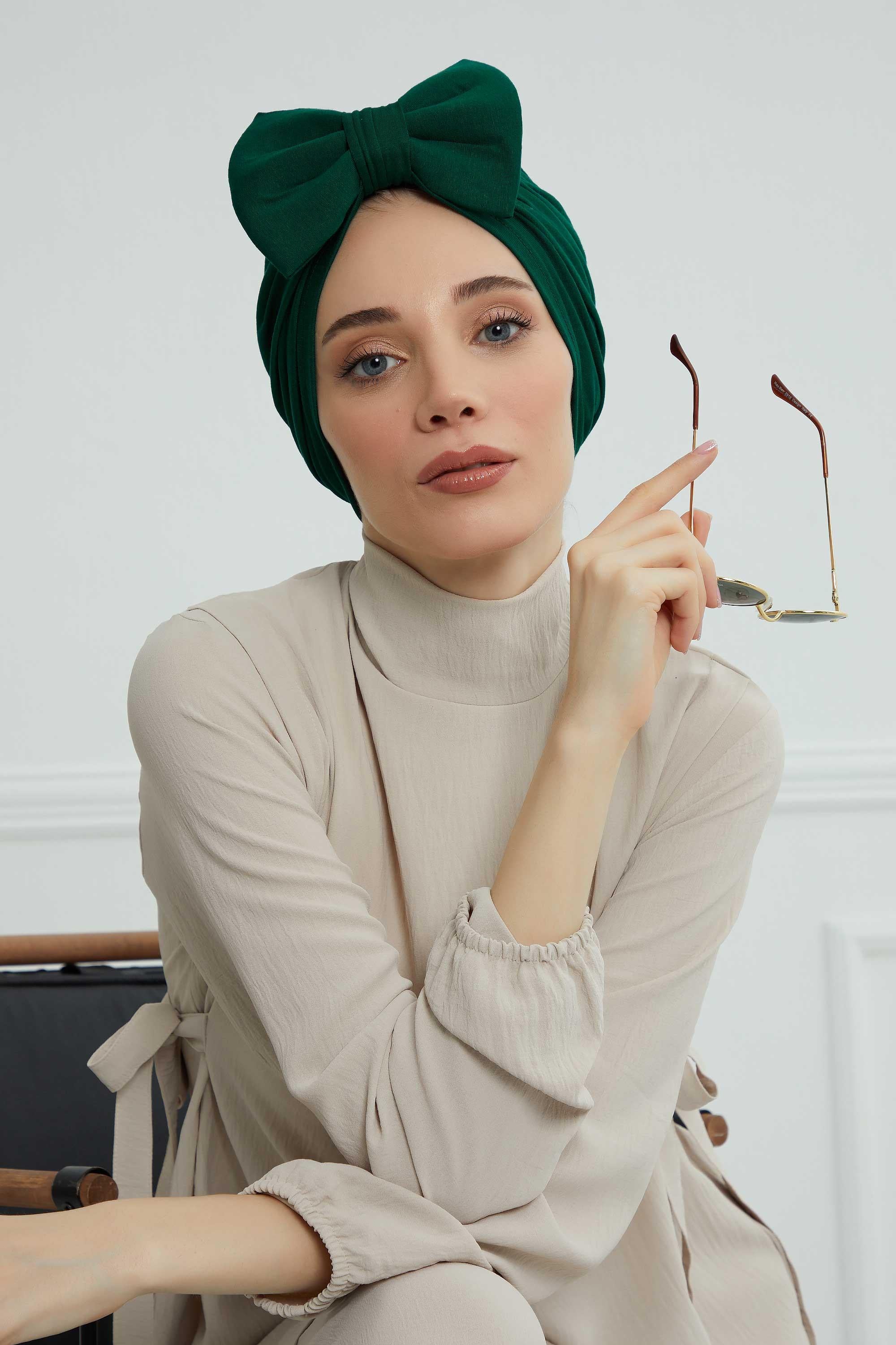 Plain Cotton Instant Turban with a Removable Big Bowtie, Chic Bonnet Scarf Head Wrap for Women, Comfortable and Stylish Chemo Headwear,B-27 Green