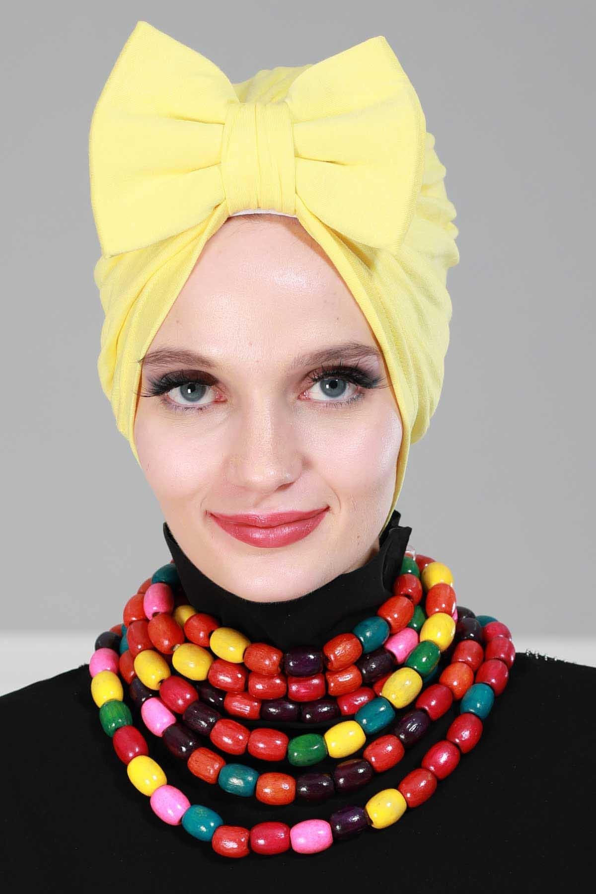 Plain Cotton Instant Turban with a Removable Big Bowtie, Chic Bonnet Scarf Head Wrap for Women, Comfortable and Stylish Chemo Headwear,B-27 Yellow