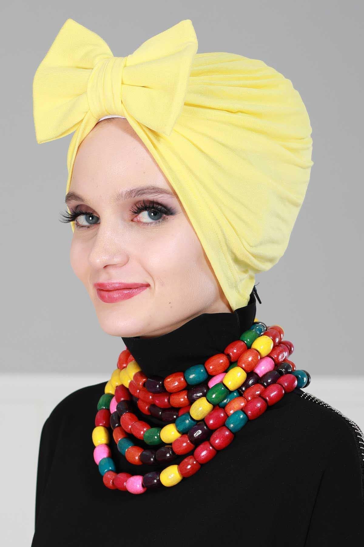 Plain Cotton Instant Turban with a Removable Big Bowtie, Chic Bonnet Scarf Head Wrap for Women, Comfortable and Stylish Chemo Headwear,B-27 Yellow