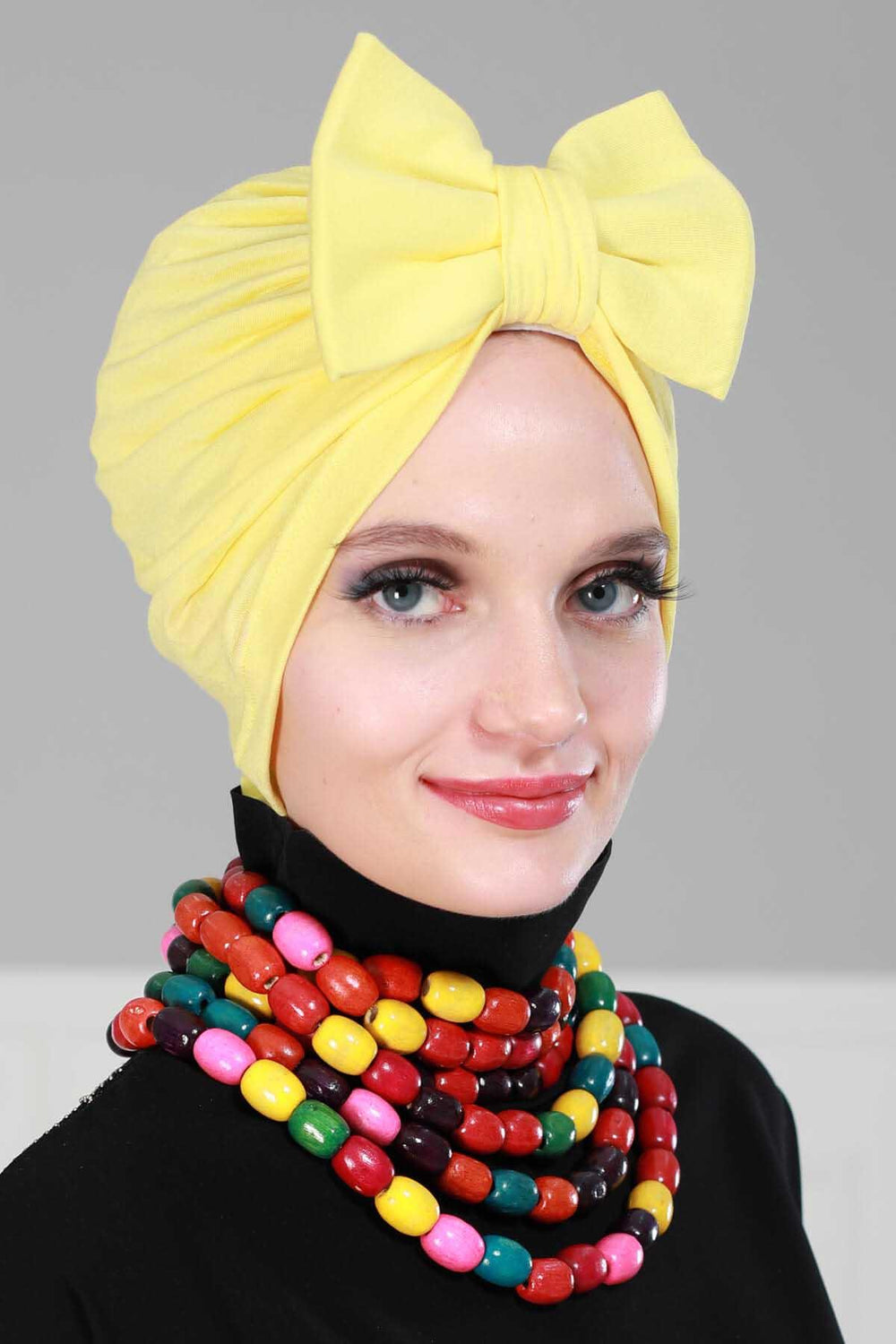 Plain Cotton Instant Turban with a Removable Big Bowtie, Chic Bonnet Scarf Head Wrap for Women, Comfortable and Stylish Chemo Headwear,B-27 Yellow