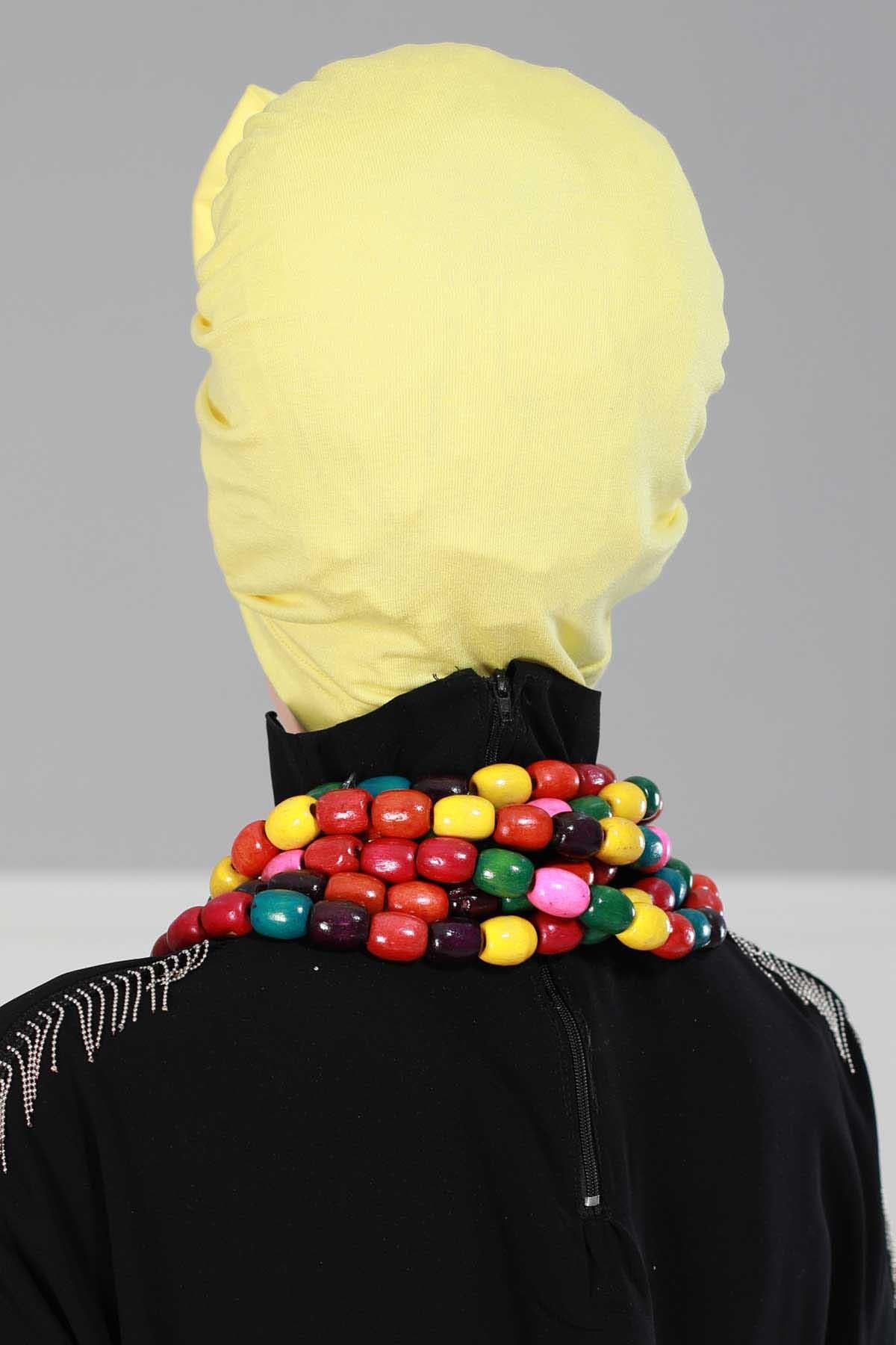 Plain Cotton Instant Turban with a Removable Big Bowtie, Chic Bonnet Scarf Head Wrap for Women, Comfortable and Stylish Chemo Headwear,B-27 Yellow