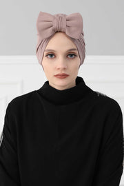 Plain Cotton Instant Turban with a Removable Big Bowtie, Chic Bonnnet Scarf Head Wrap for Women, Comfortable and Stylish Chemo Headwear,B-27 Mink