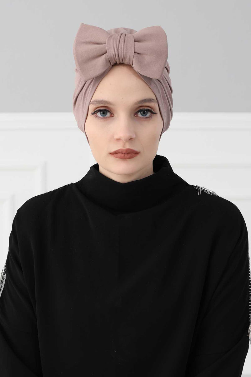 Plain Cotton Instant Turban with a Removable Big Bowtie, Chic Bonnnet Scarf Head Wrap for Women, Comfortable and Stylish Chemo Headwear,B-27 Mink