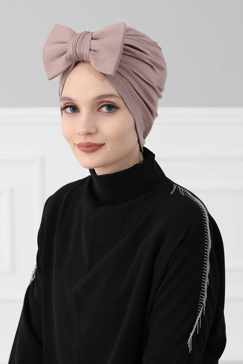 Plain Cotton Instant Turban with a Removable Big Bowtie, Chic Bonnet Scarf Head Wrap for Women, Comfortable and Stylish Chemo Headwear,B-27 Mink