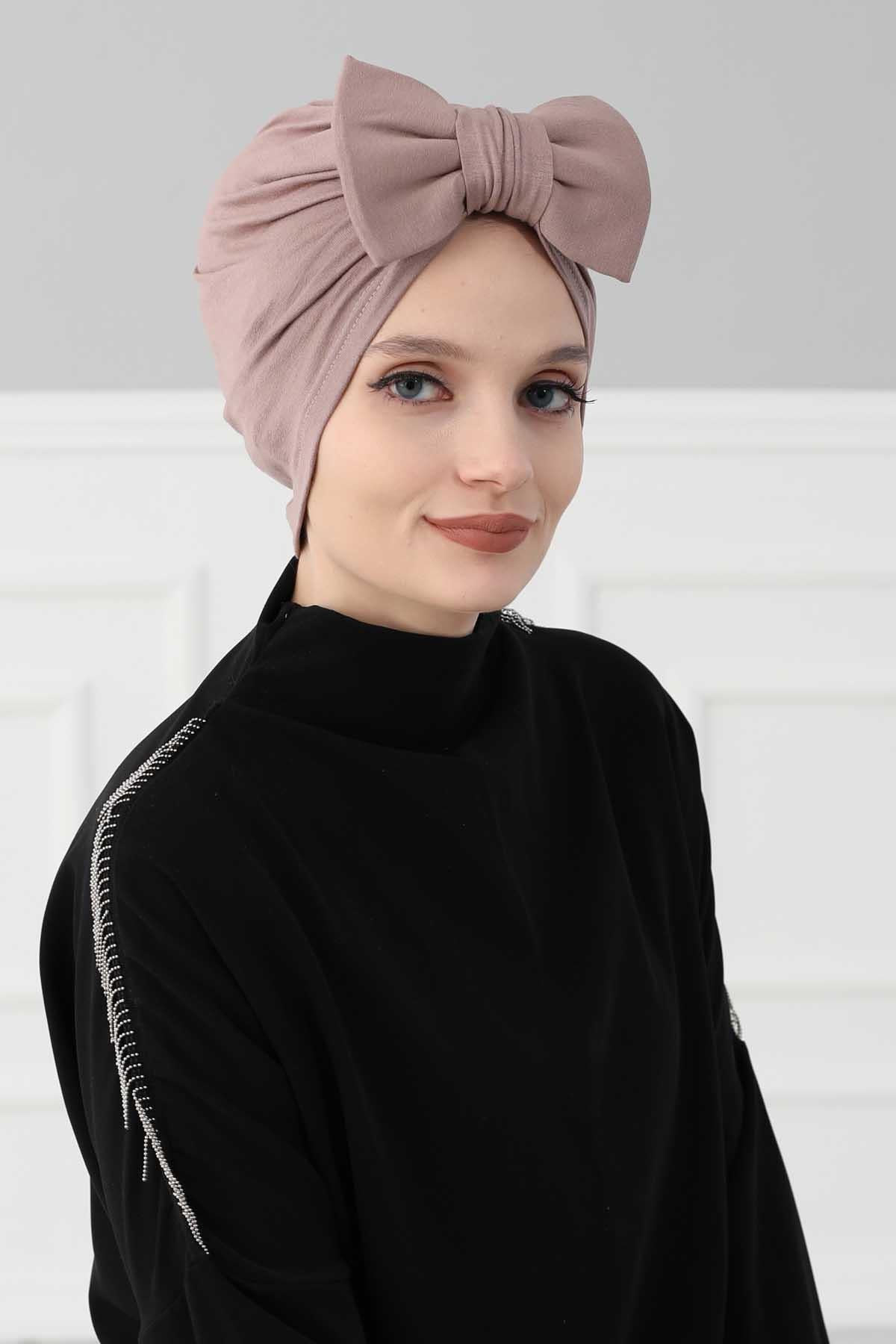 Plain Cotton Instant Turban with a Removable Big Bowtie, Chic Bonnet Scarf Head Wrap for Women, Comfortable and Stylish Chemo Headwear,B-27 Mink
