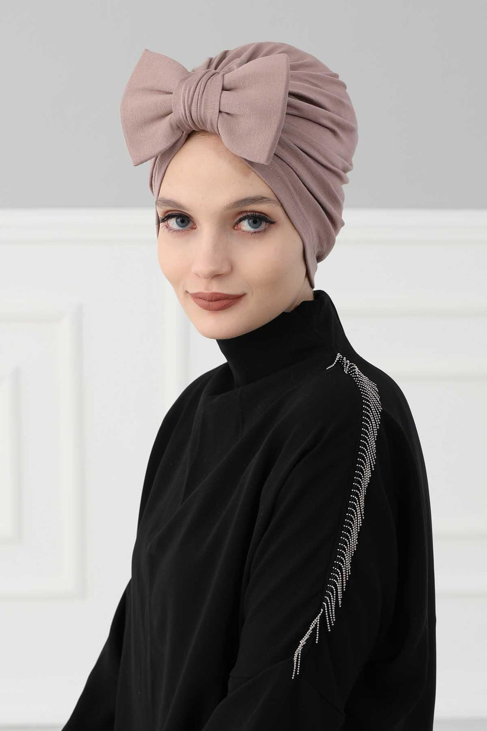 Plain Cotton Instant Turban with a Removable Big Bowtie, Chic Bonnet Scarf Head Wrap for Women, Comfortable and Stylish Chemo Headwear,B-27 Mink